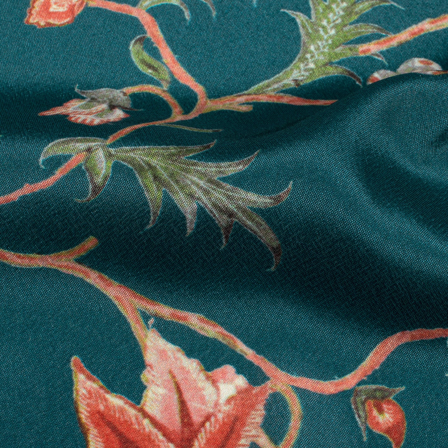 Peacock Blue And Red Floral Pattern Digital Print Crepe Silk Fabric