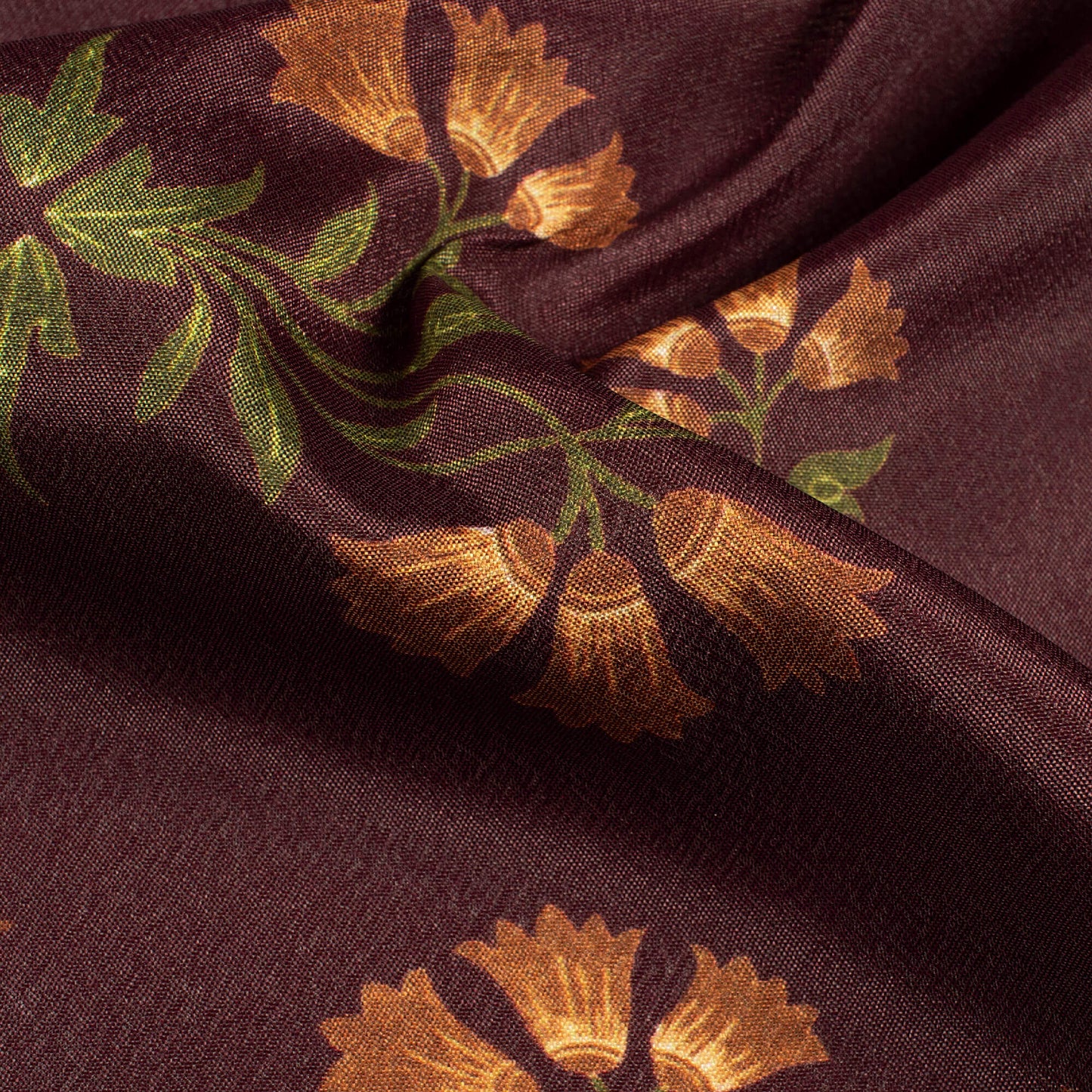 Hickory Brown And Mellow Yellow Daman Pattern Digital Print Crepe Silk Fabric
