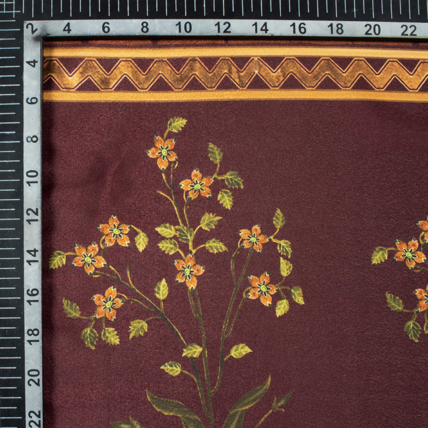 Hickory Brown And Mellow Yellow Daman Pattern Digital Print Crepe Silk Fabric