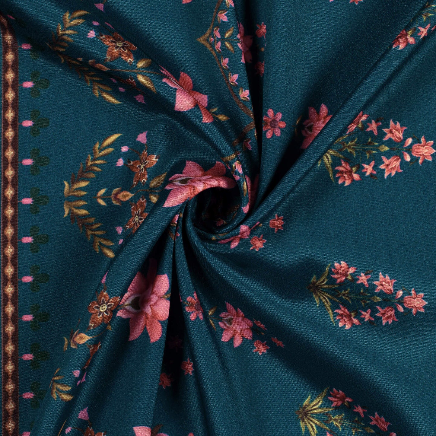 Peacock Blue And Rose Pink Floral Pattern Digital Print Crepe Silk Fabric