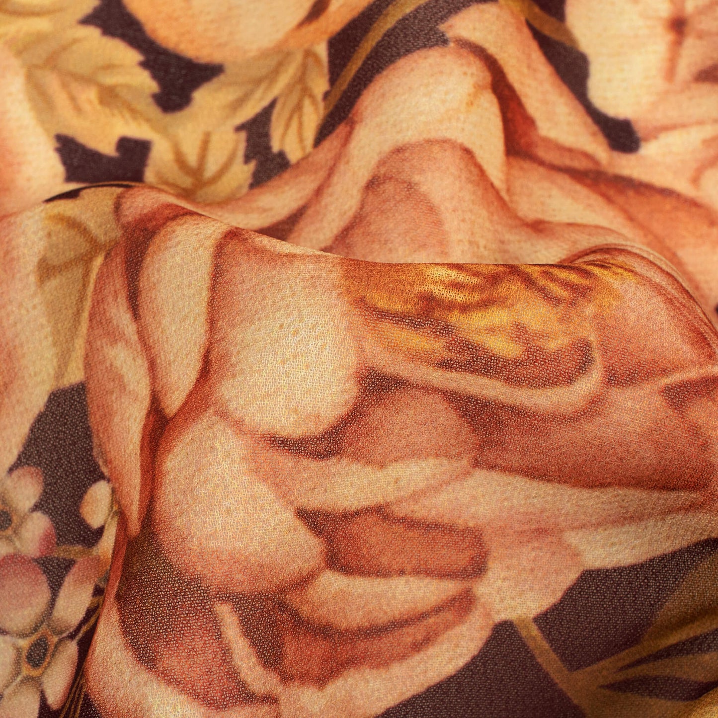 Hickory Brown And Peach Floral Pattern Digital Print Georgette Fabric