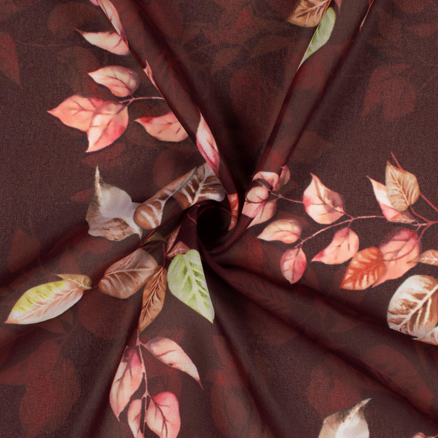 Hickory Brown And Brick Pink Leaf Pattern Digital Print Georgette Fabric