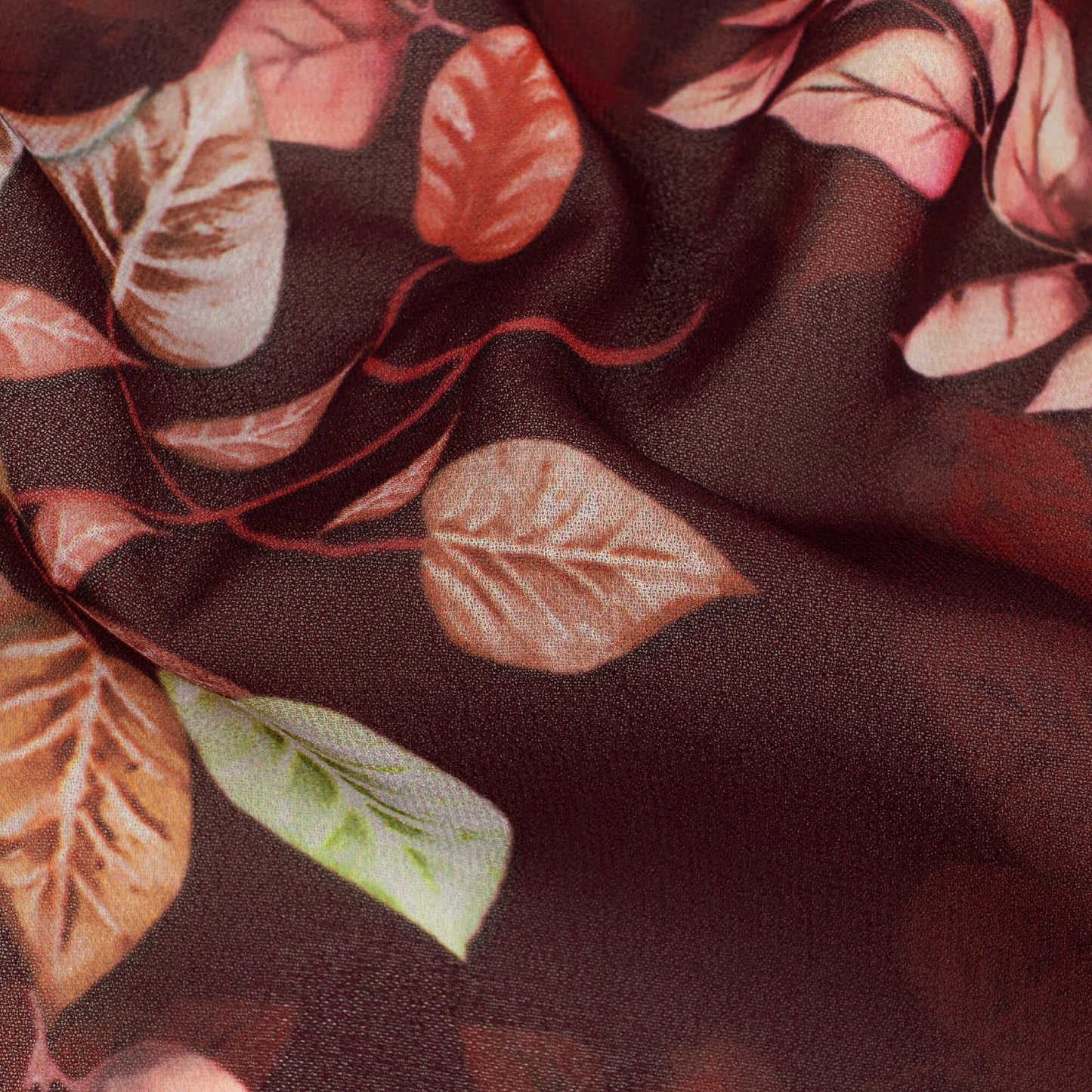 Hickory Brown And Brick Pink Leaf Pattern Digital Print Georgette Fabric