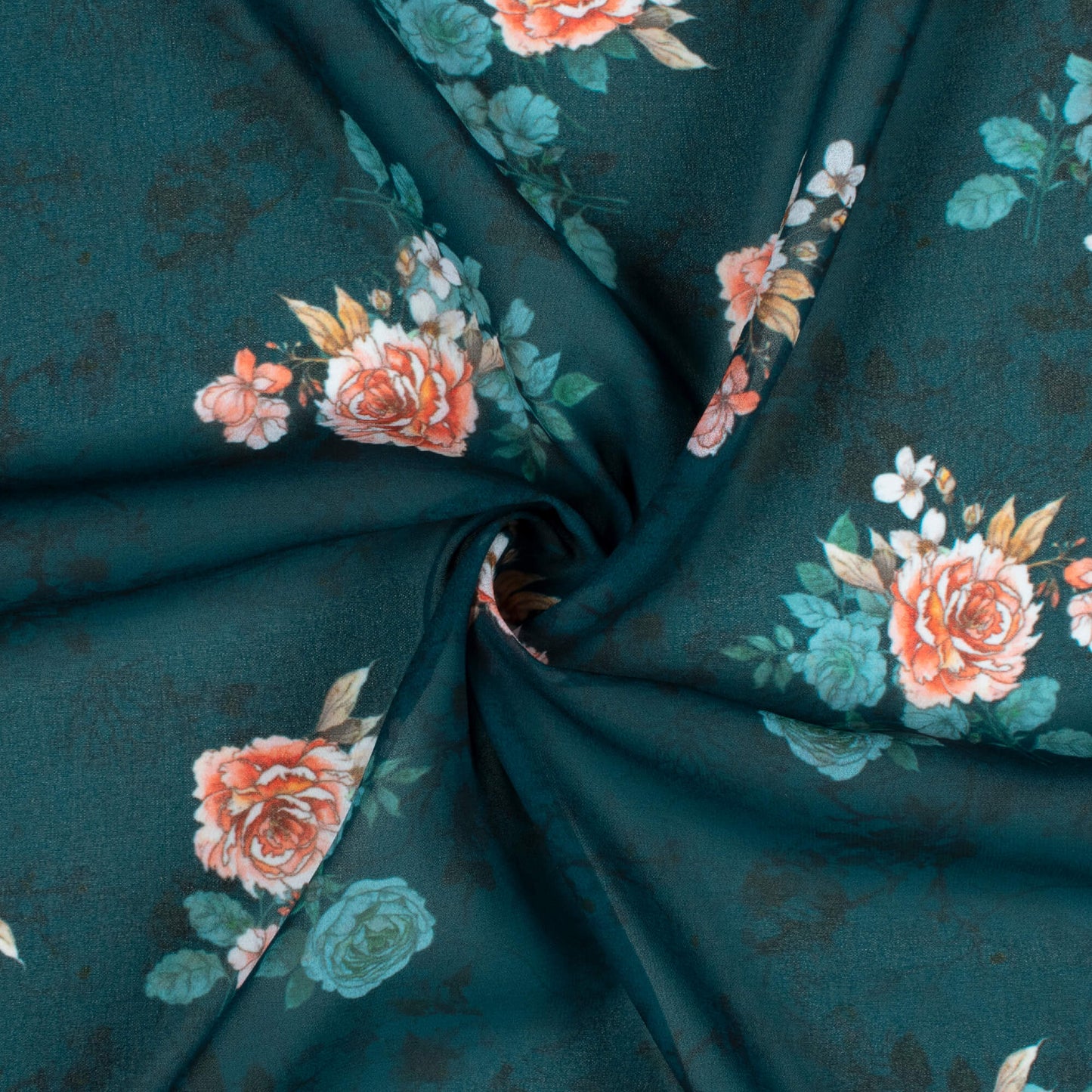 Peacock Blue And Peach Floral Pattern Digital Print Georgette Fabric