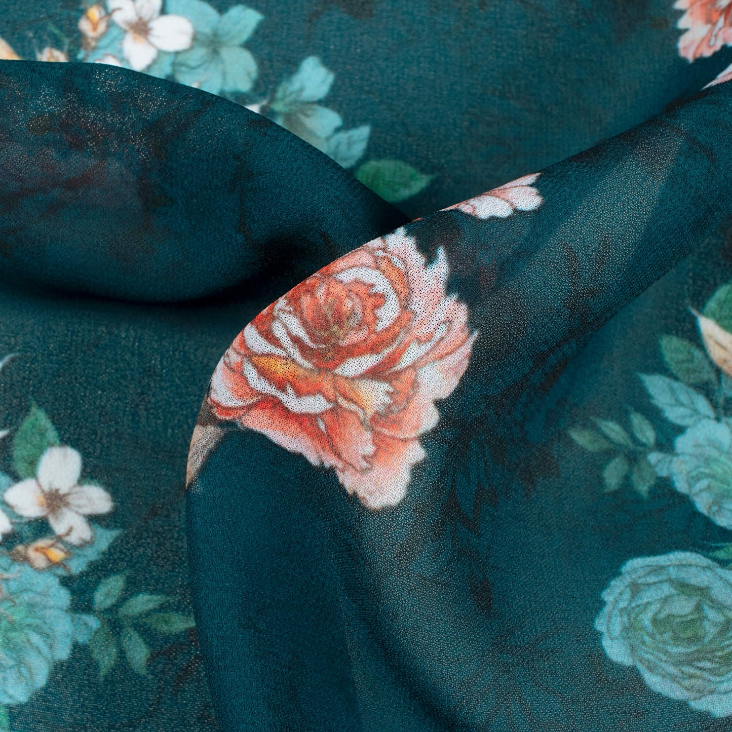 Peacock Blue And Peach Floral Pattern Digital Print Georgette Fabric