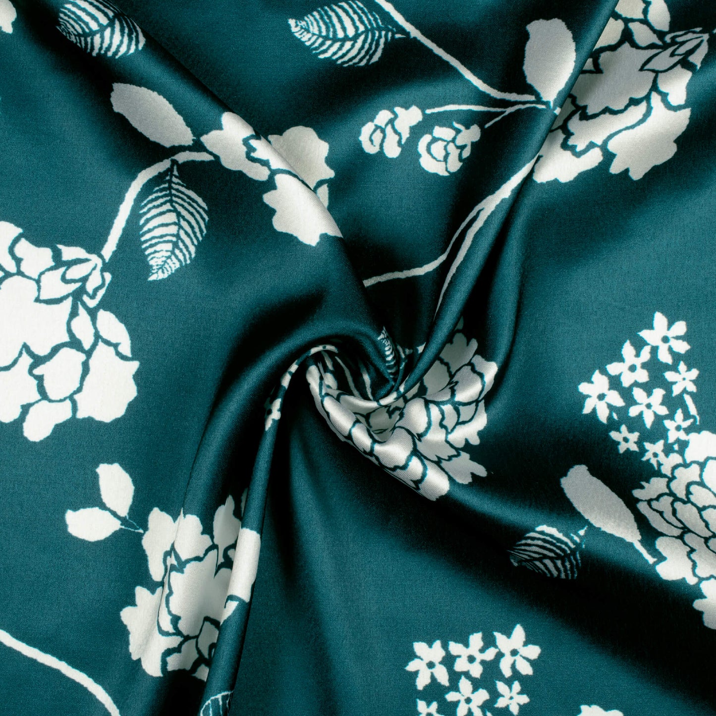 Peacock Blue And White Floral Pattern Digital Print Japan Satin Fabric