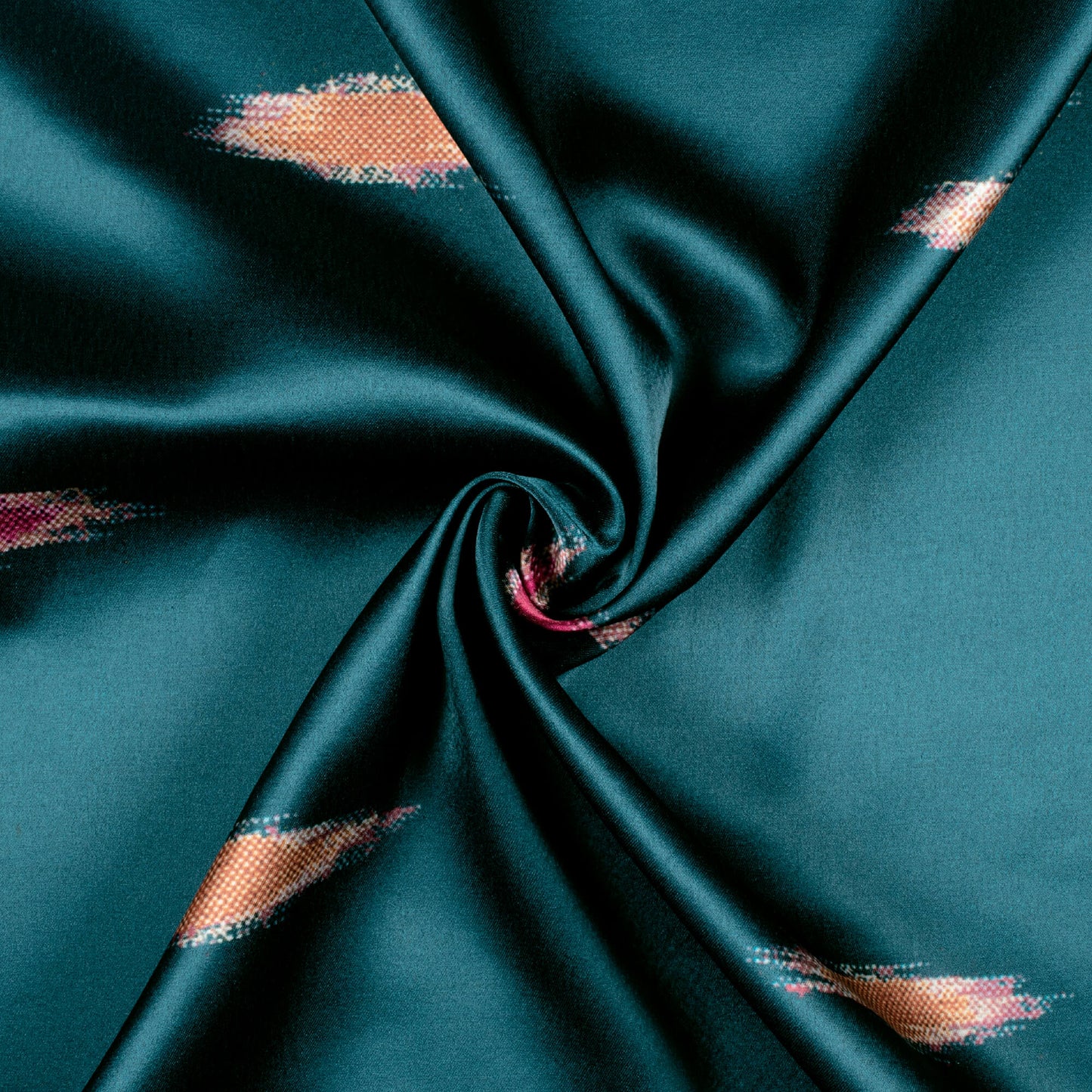 Peacock Blue And Carrot Orange Ikkat Pattern Digital Print Japan Satin Fabric