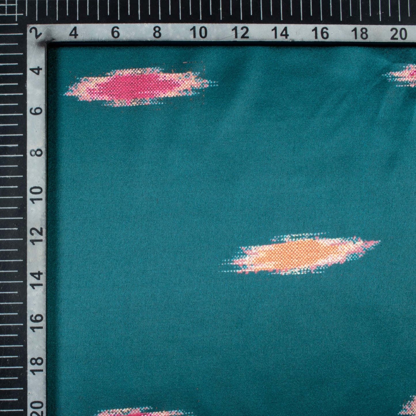 Peacock Blue And Carrot Orange Ikkat Pattern Digital Print Japan Satin Fabric