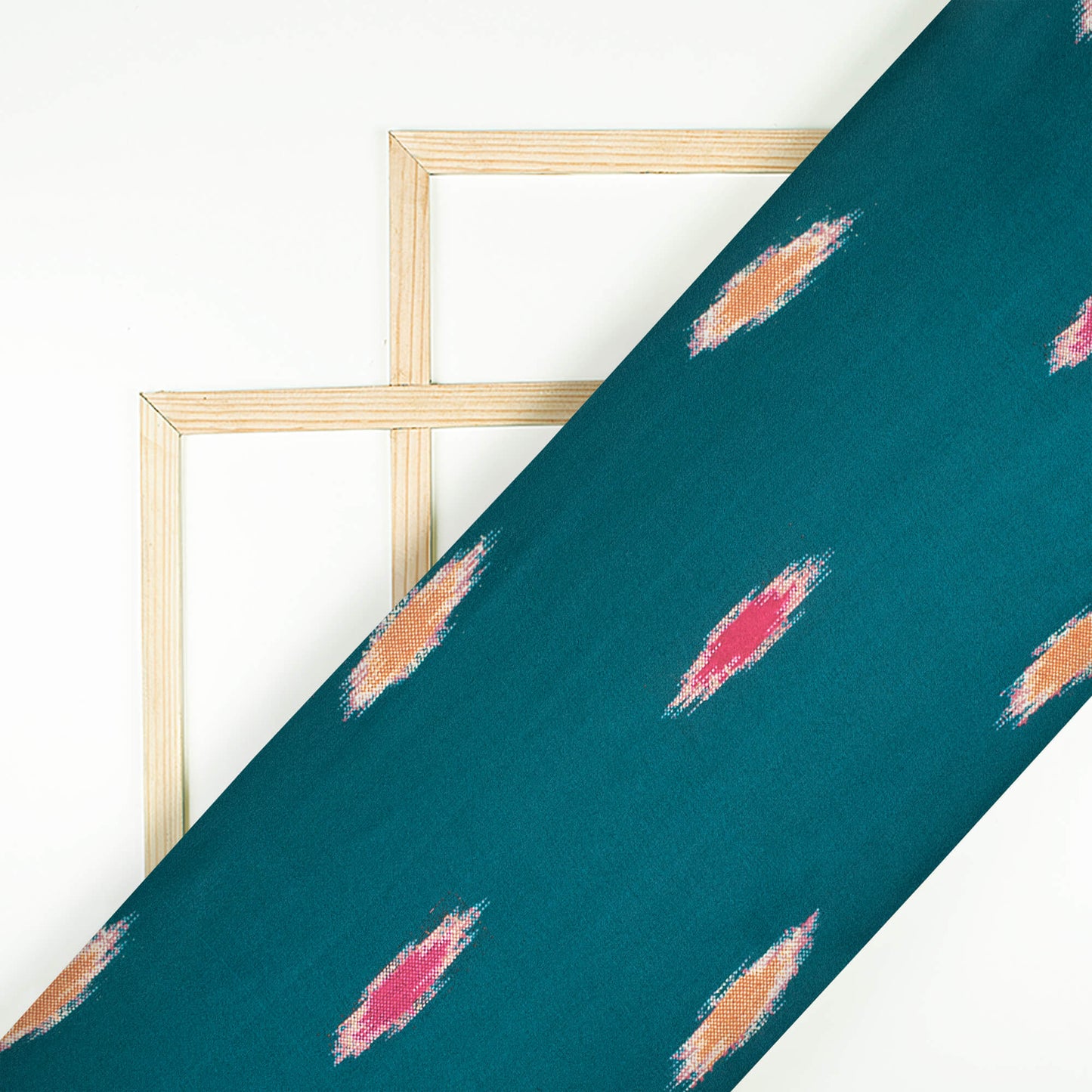 Peacock Blue And Carrot Orange Ikkat Pattern Digital Print Japan Satin Fabric