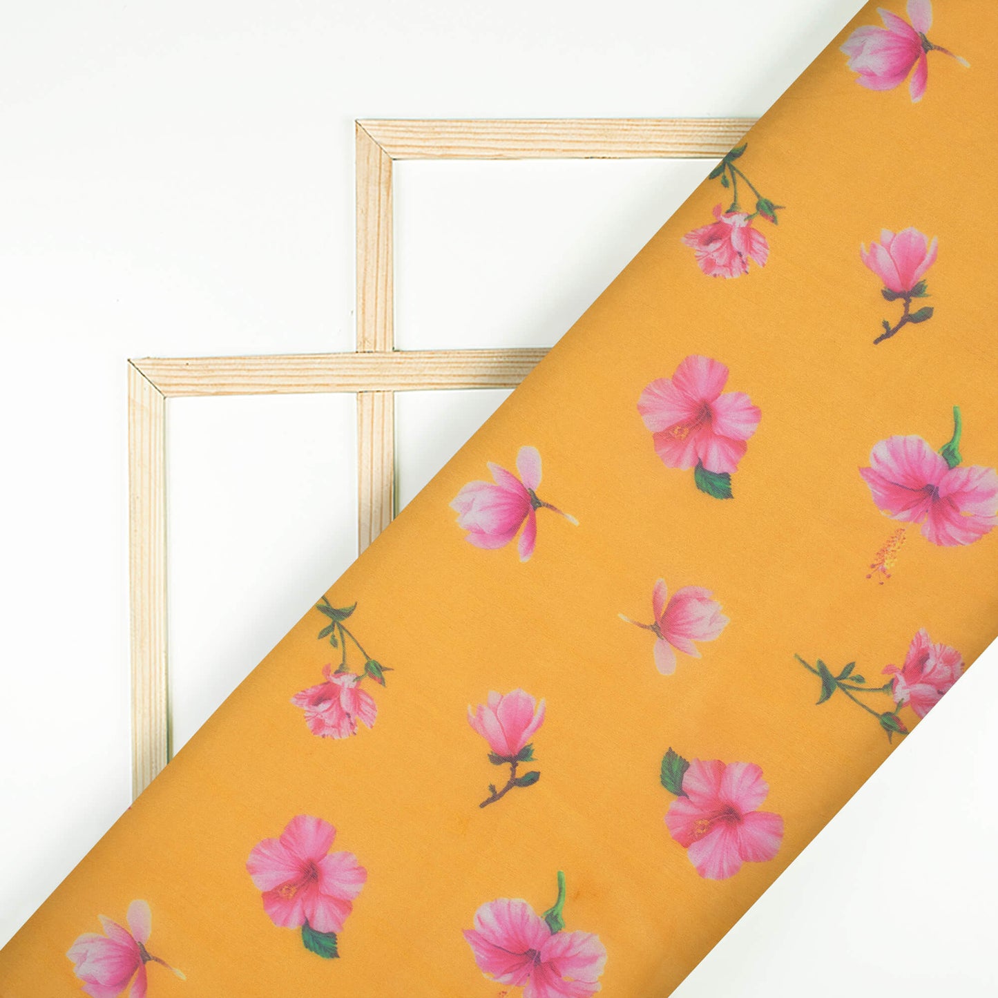 Amber Yellow And Rose Pink Floral Pattern Digital Print Organza Fabric