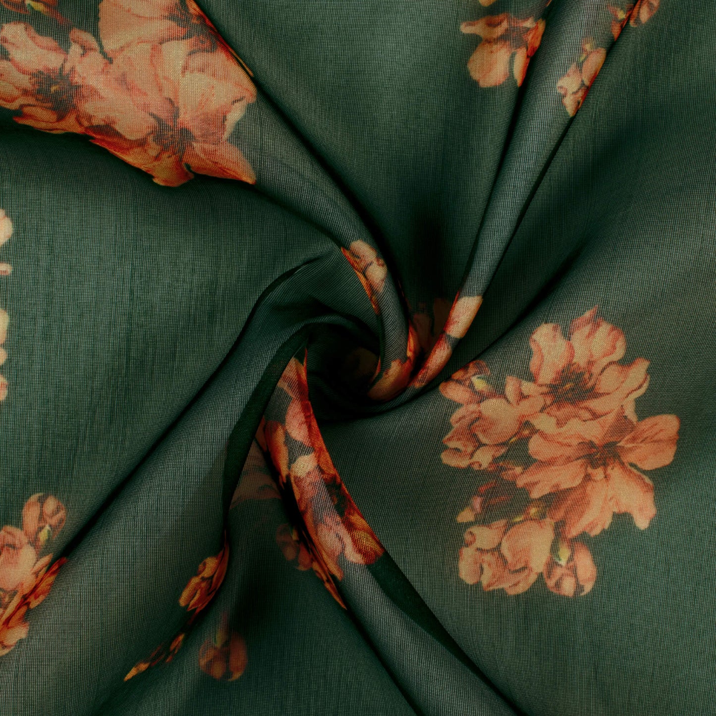 Bottle Green And Peach Floral Pattern Digital Print Organza Fabric