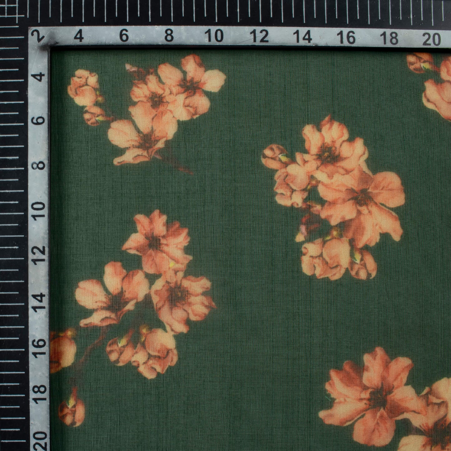 Bottle Green And Peach Floral Pattern Digital Print Organza Fabric