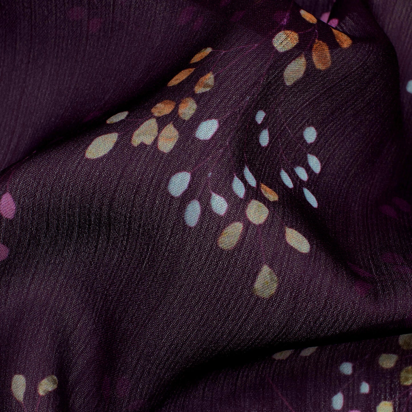 Wine Purple And Taffy Pink Leaf Pattern Digital Print Chiffon Fabric