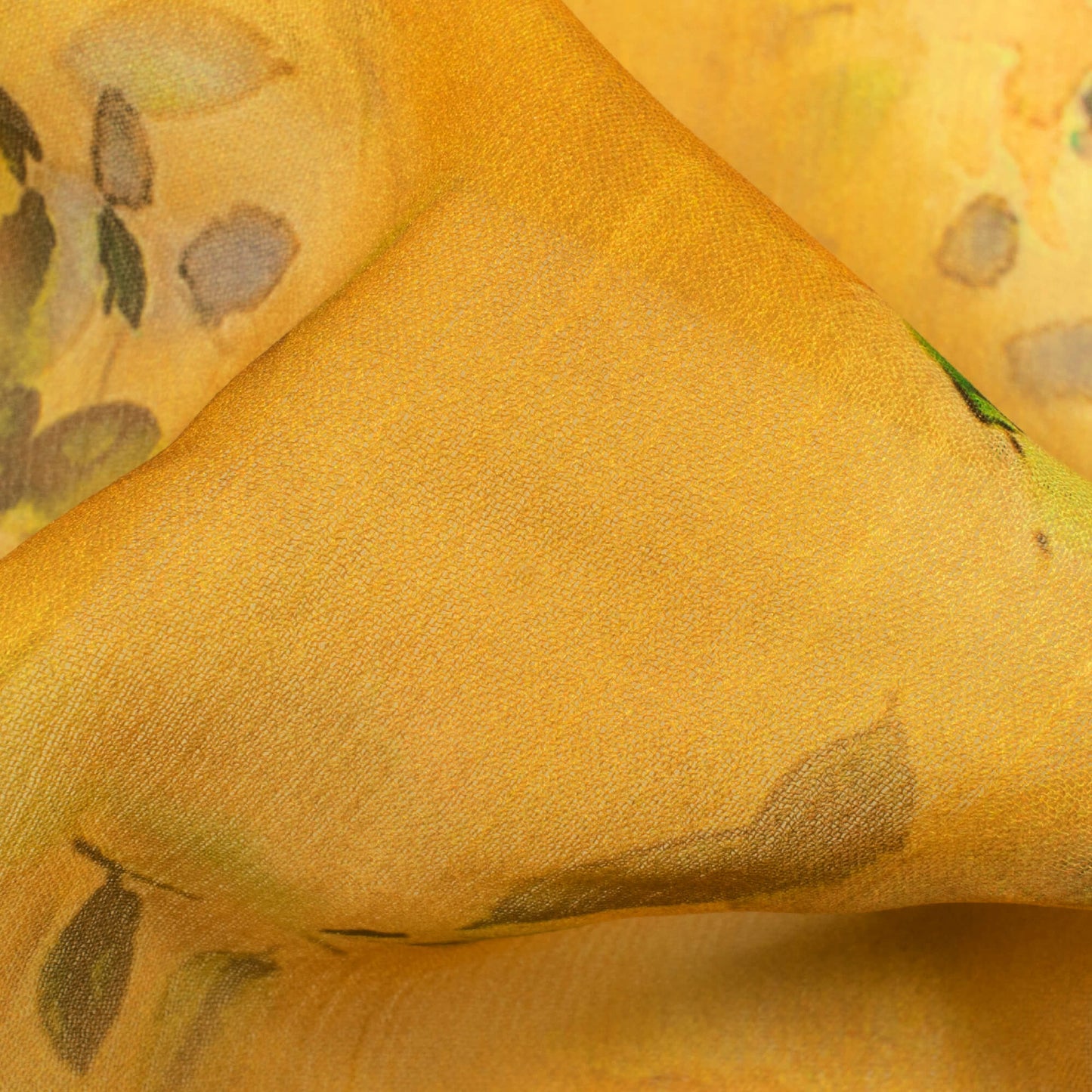 Dijon Yellow And Green Floral Pattern Digital Print Chiffon Fabric