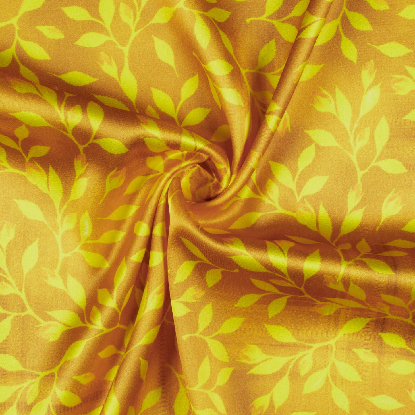 Dijon Yellow And Laguna Yellow Leaf Pattern Digital Print Japan Satin Fabric