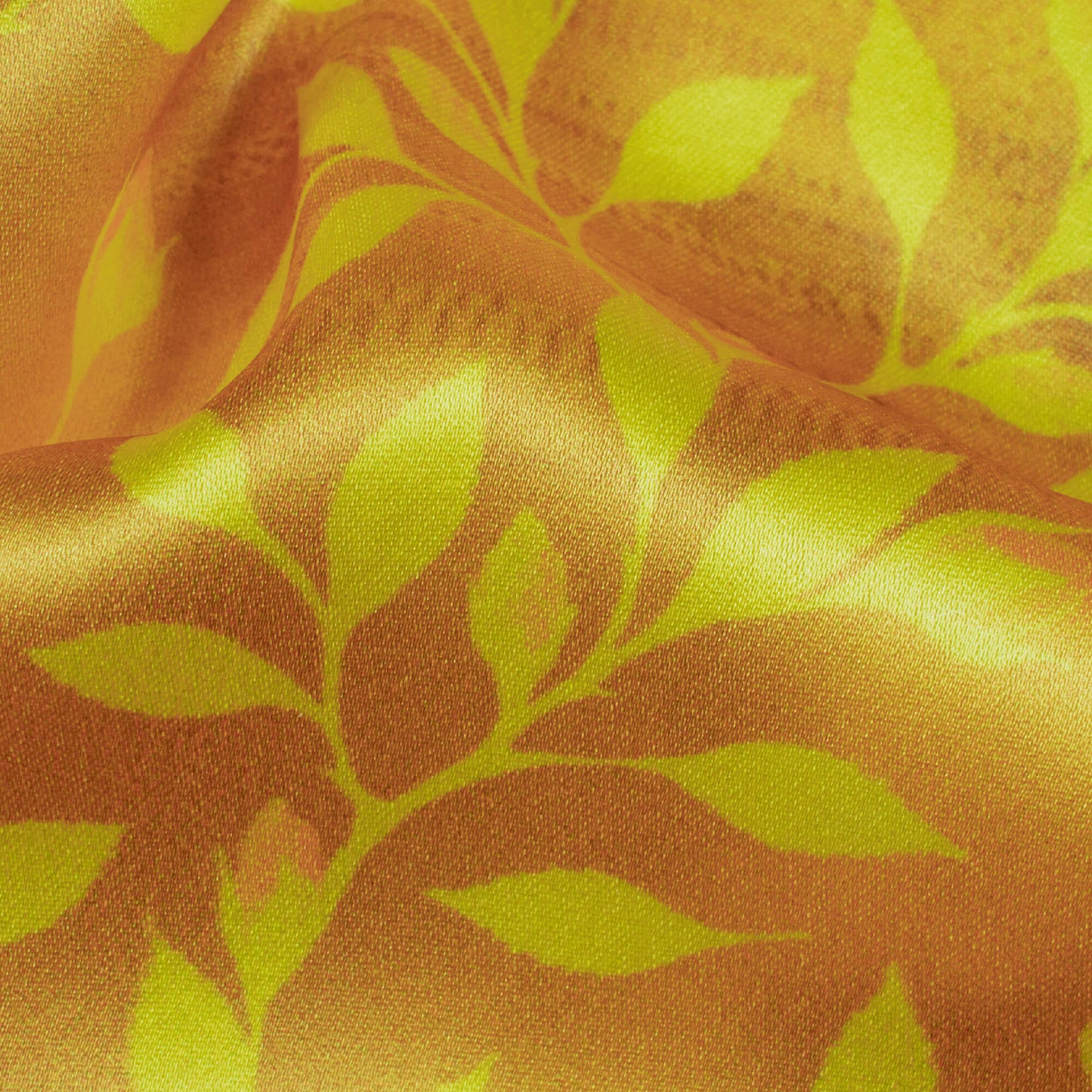 Dijon Yellow And Laguna Yellow Leaf Pattern Digital Print Japan Satin Fabric