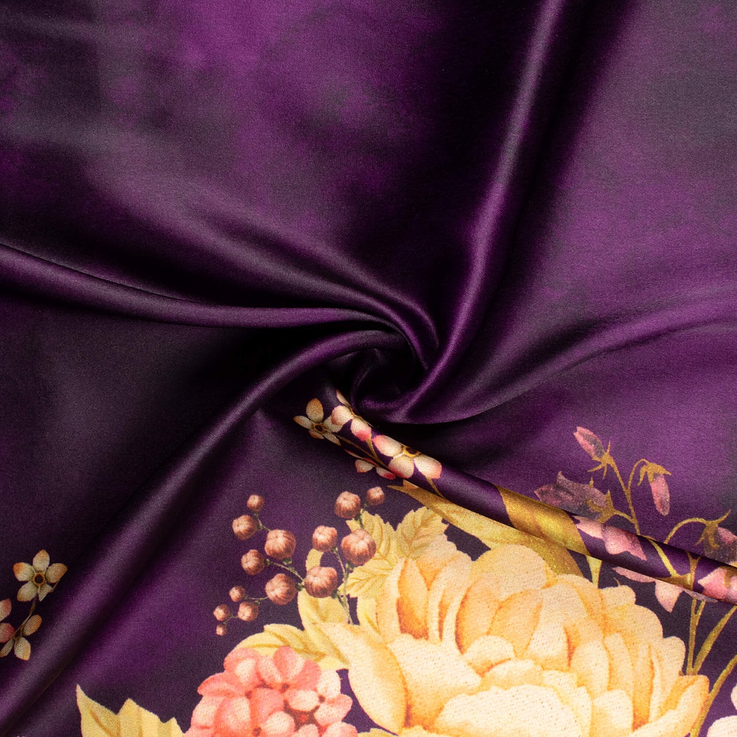 Wine Purple And Orange Floral Pattern Digital Print Japan Satin Fabric