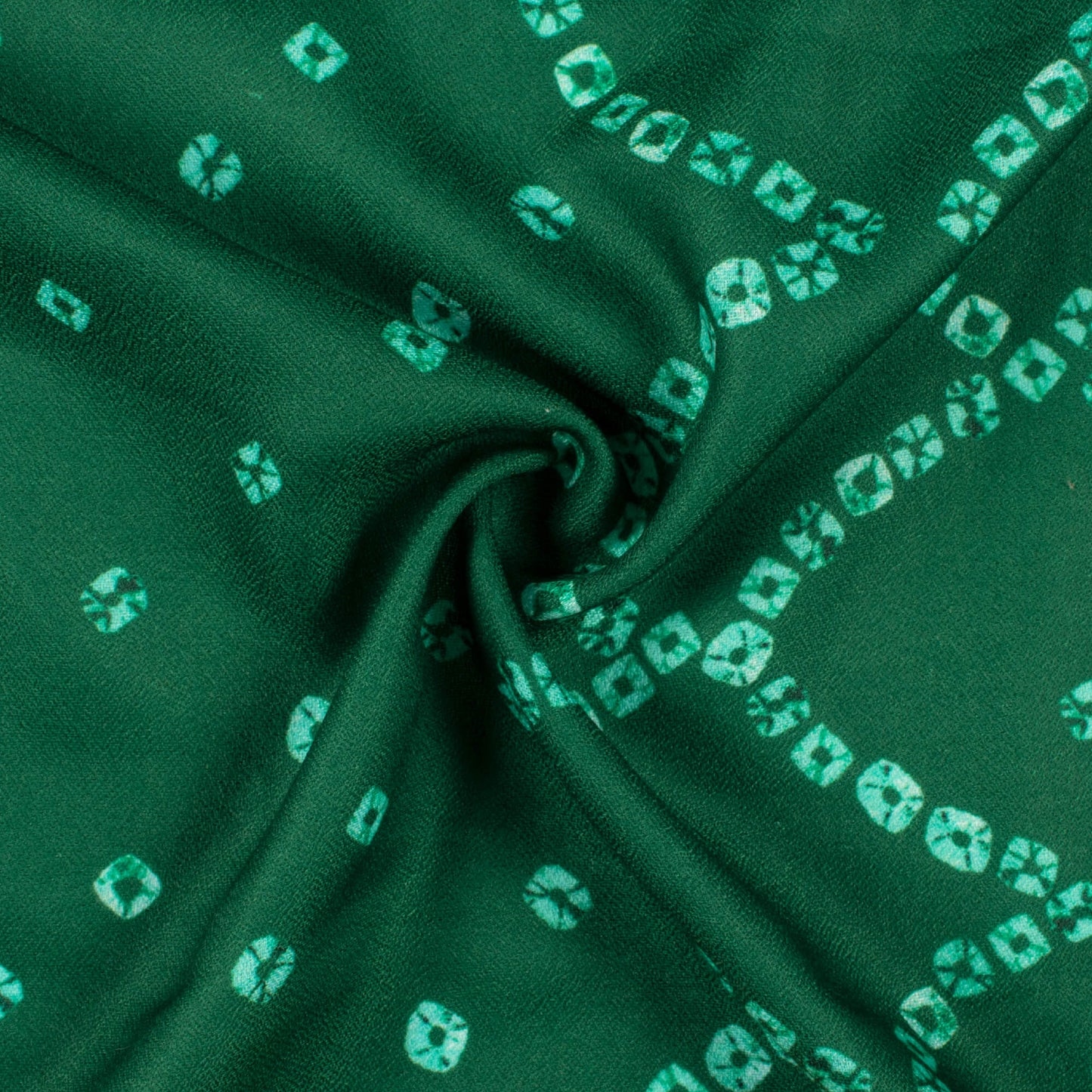 Bottle Green And White Bandhanii Pattern Digital Print Moss Crepe Fabric