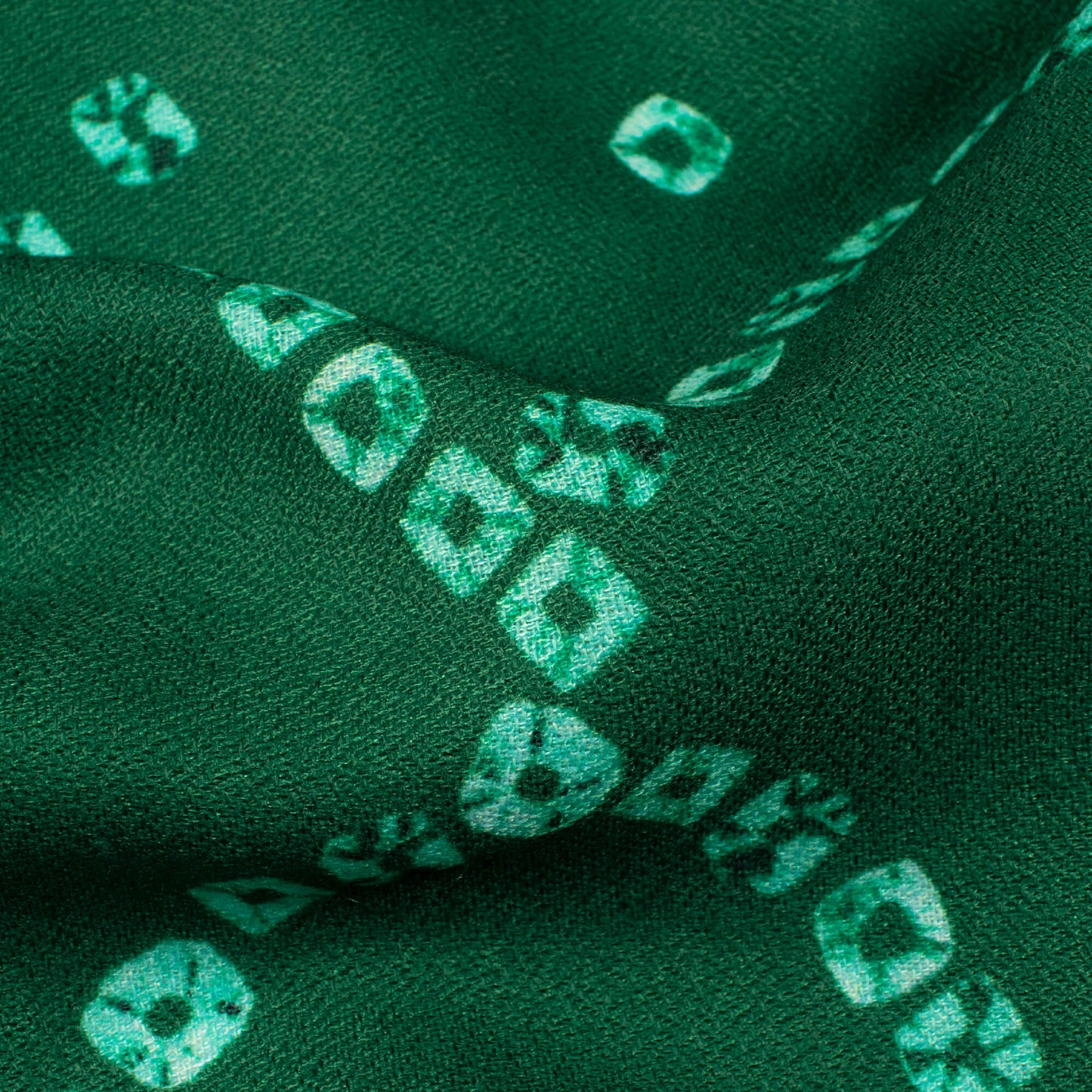 Bottle Green And White Bandhanii Pattern Digital Print Moss Crepe Fabric