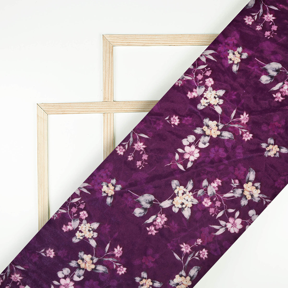 Wine Purple And Peach Floral Pattern Digital Print Premium Velvet Fabric