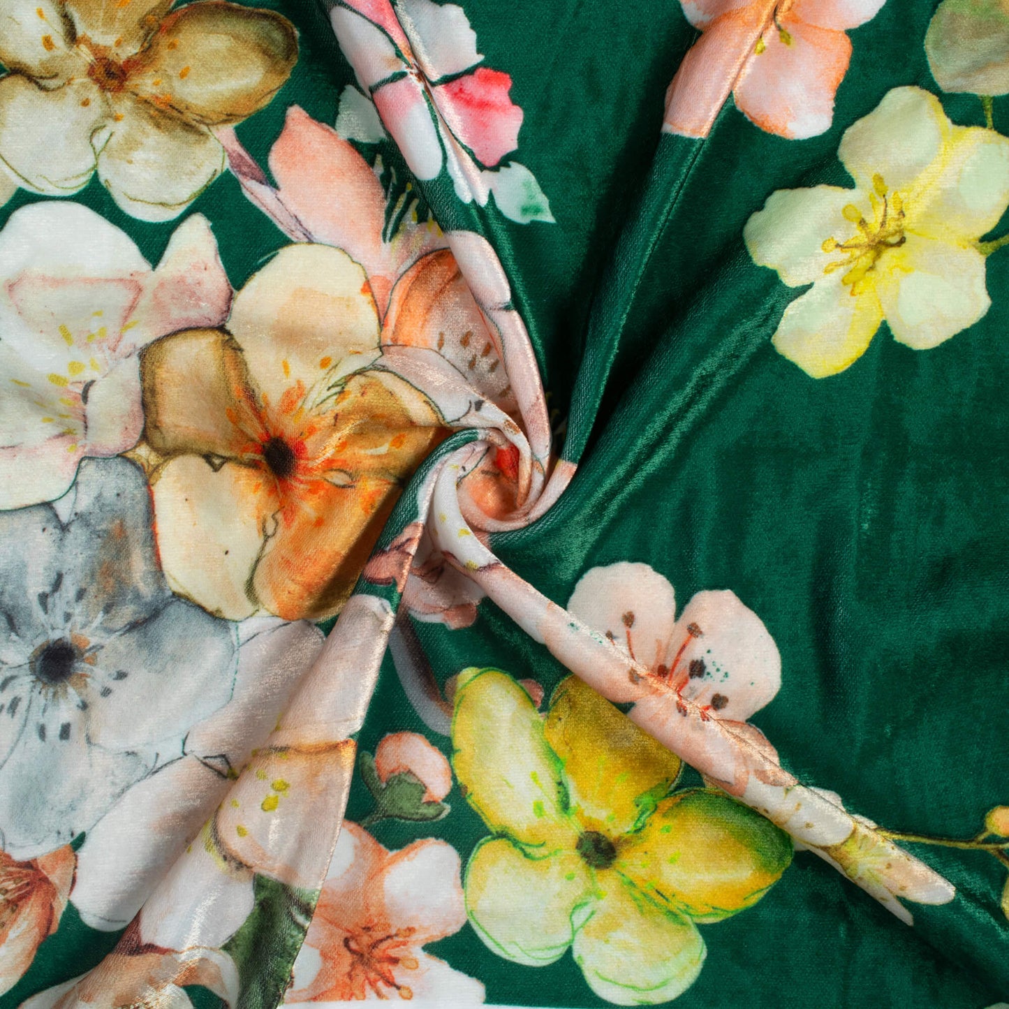 Bottle Green And Off White Floral Pattern Digital Print Premium Velvet Fabric