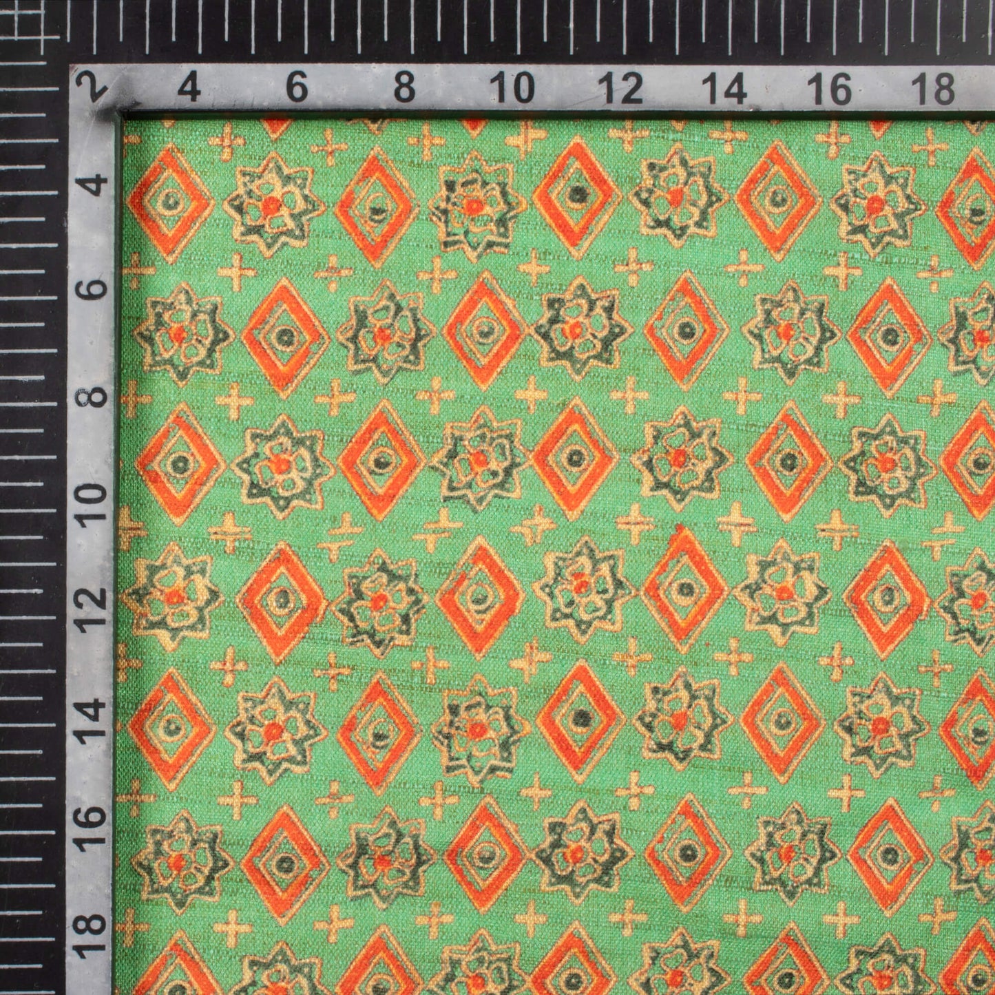 Jade Green And Cherry Red Geometric Pattern Digital Print Textured Blend Fabric (Width 58 Inches)