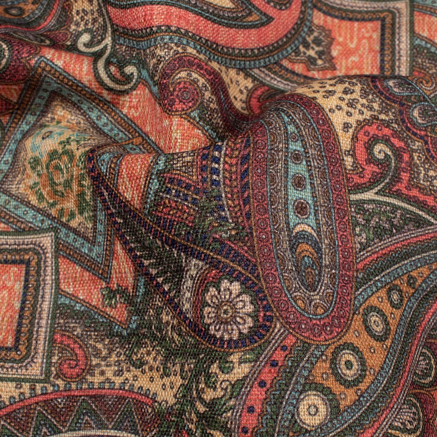 Coral Peach And Maroon Paisley Pattern Digital Print Textured Blend Fabric (Width 58 Inches)