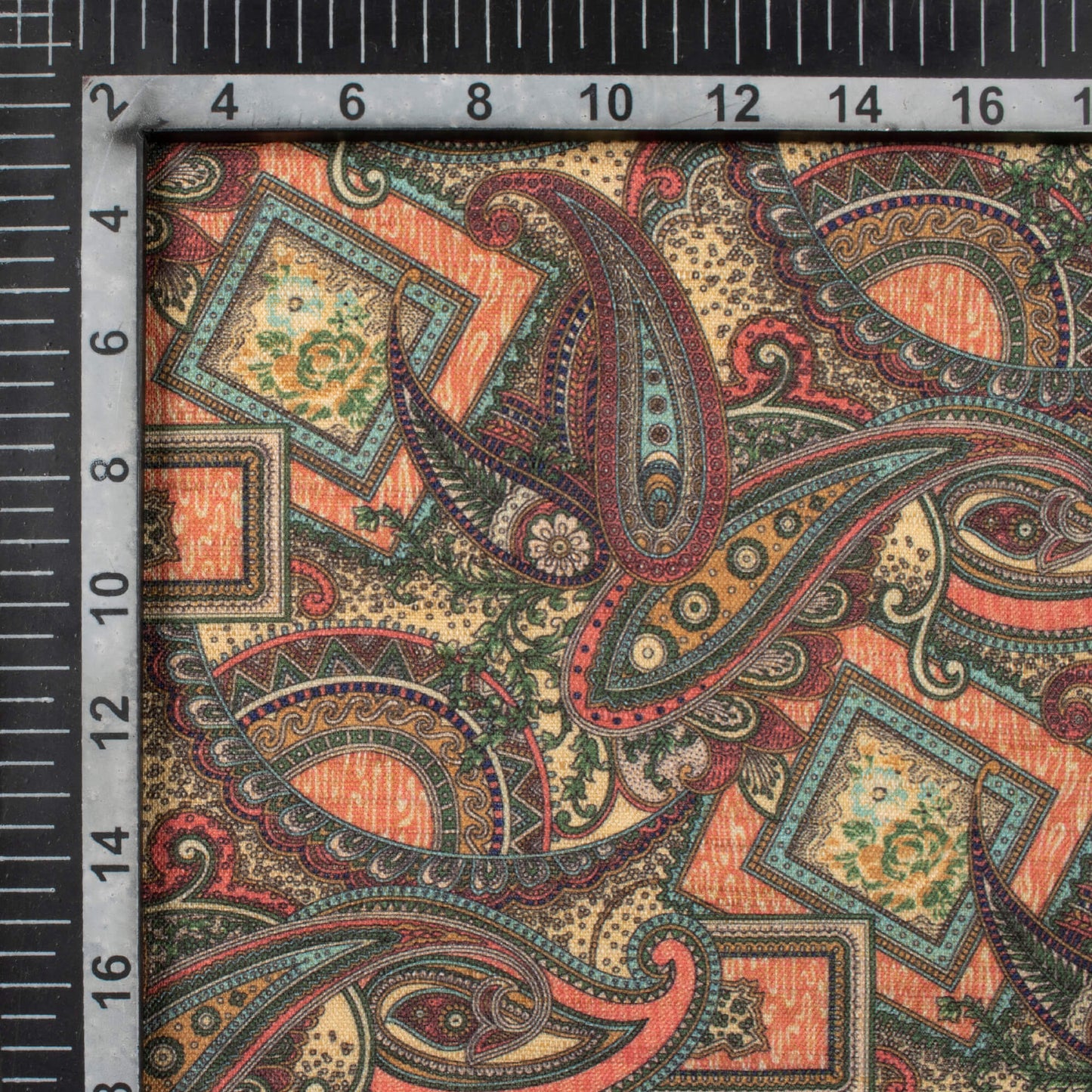 Coral Peach And Maroon Paisley Pattern Digital Print Textured Blend Fabric (Width 58 Inches)