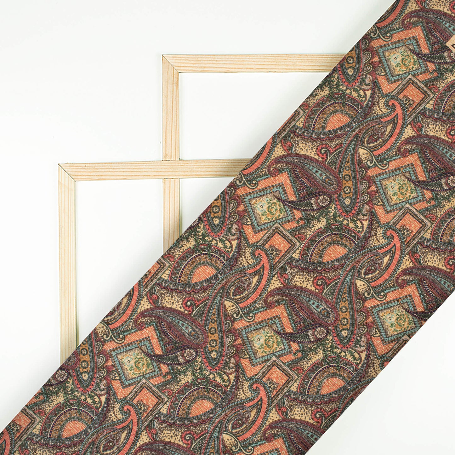 Coral Peach And Maroon Paisley Pattern Digital Print Textured Blend Fabric (Width 58 Inches)