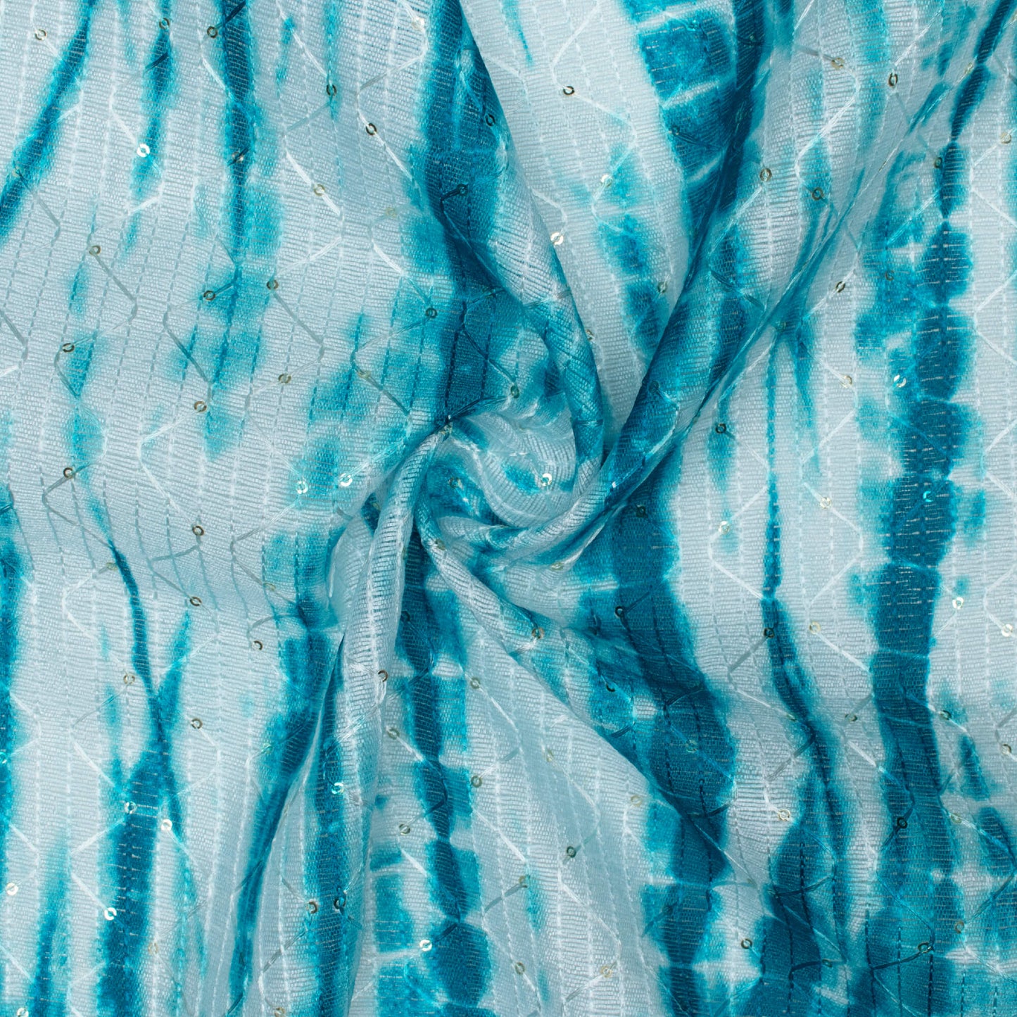 Teal Blue And White Shibori Pattern Digital Print Sequins Embroidery Banglori Art Silk Fabric