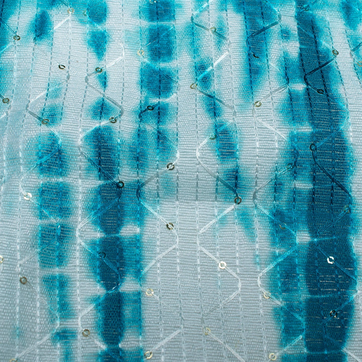 Teal Blue And White Shibori Pattern Digital Print Sequins Embroidery Banglori Art Silk Fabric