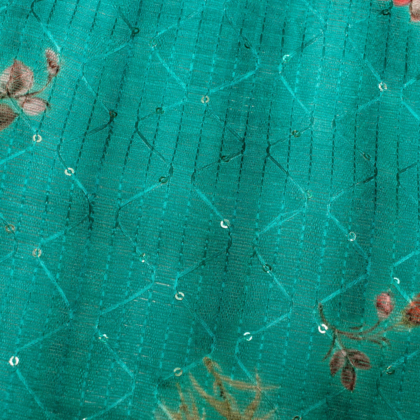 Teal Green And Brick Pink Floral Pattern Digital Print Sequins Embroidery Banglori Art Silk Fabric
