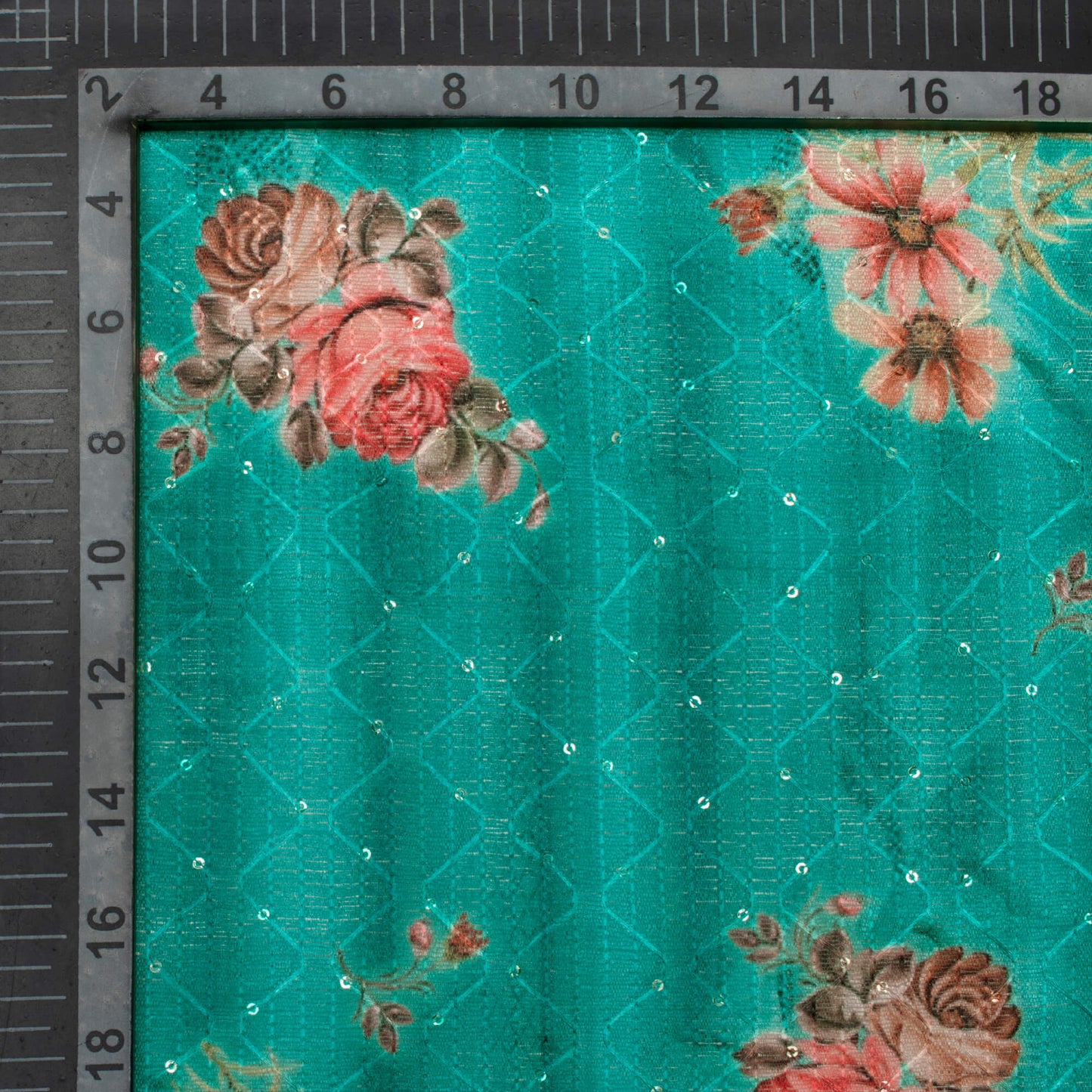 Teal Green And Brick Pink Floral Pattern Digital Print Sequins Embroidery Banglori Art Silk Fabric