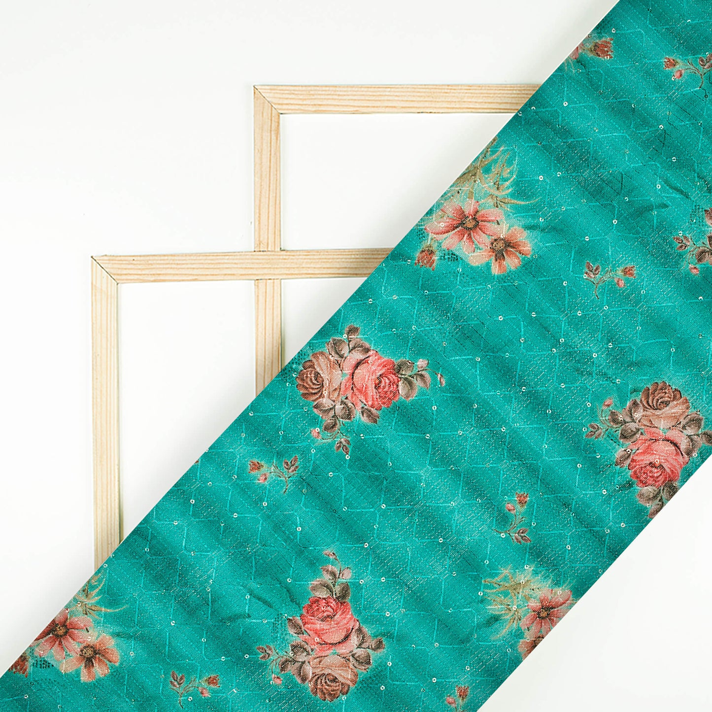 Teal Green And Brick Pink Floral Pattern Digital Print Sequins Embroidery Banglori Art Silk Fabric