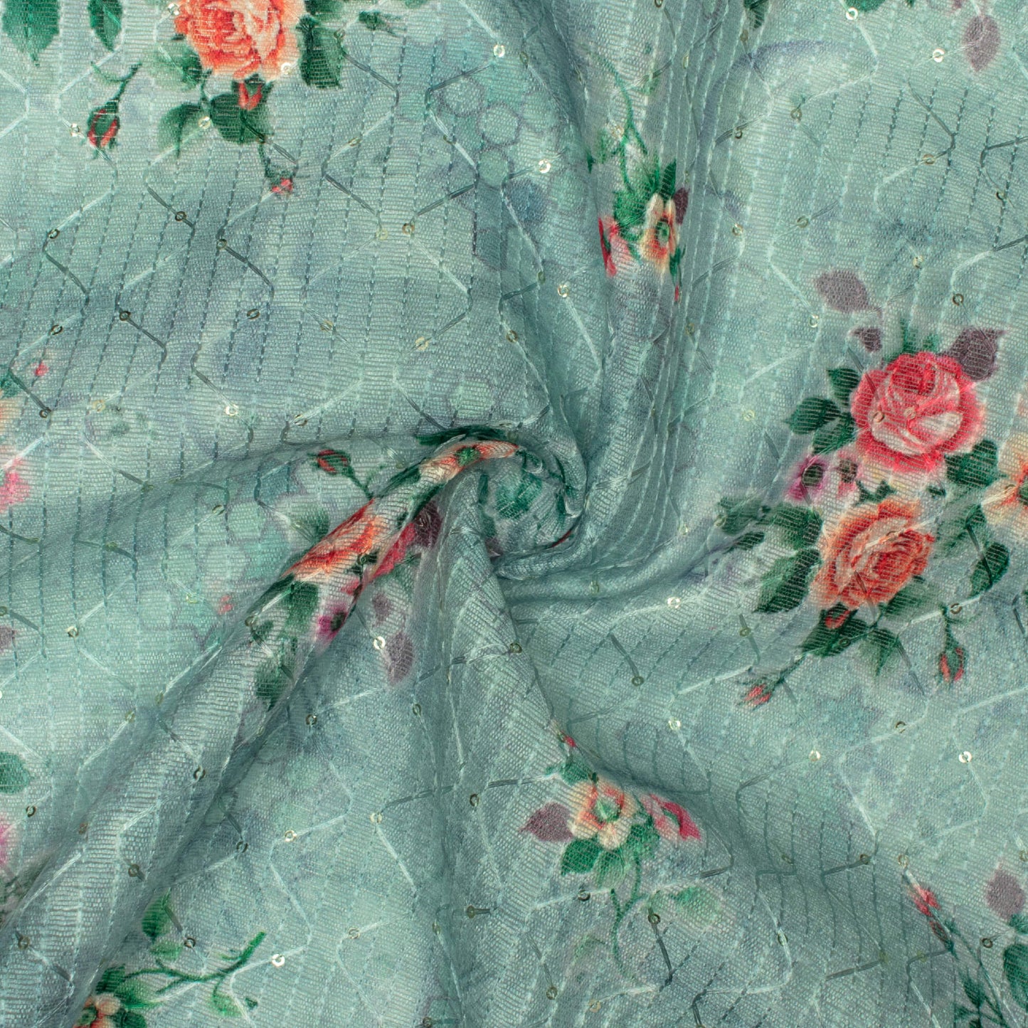 Mint Green And Cerise Pink Floral Pattern Digital Print Sequins Embroidery Banglori Art Silk Fabric