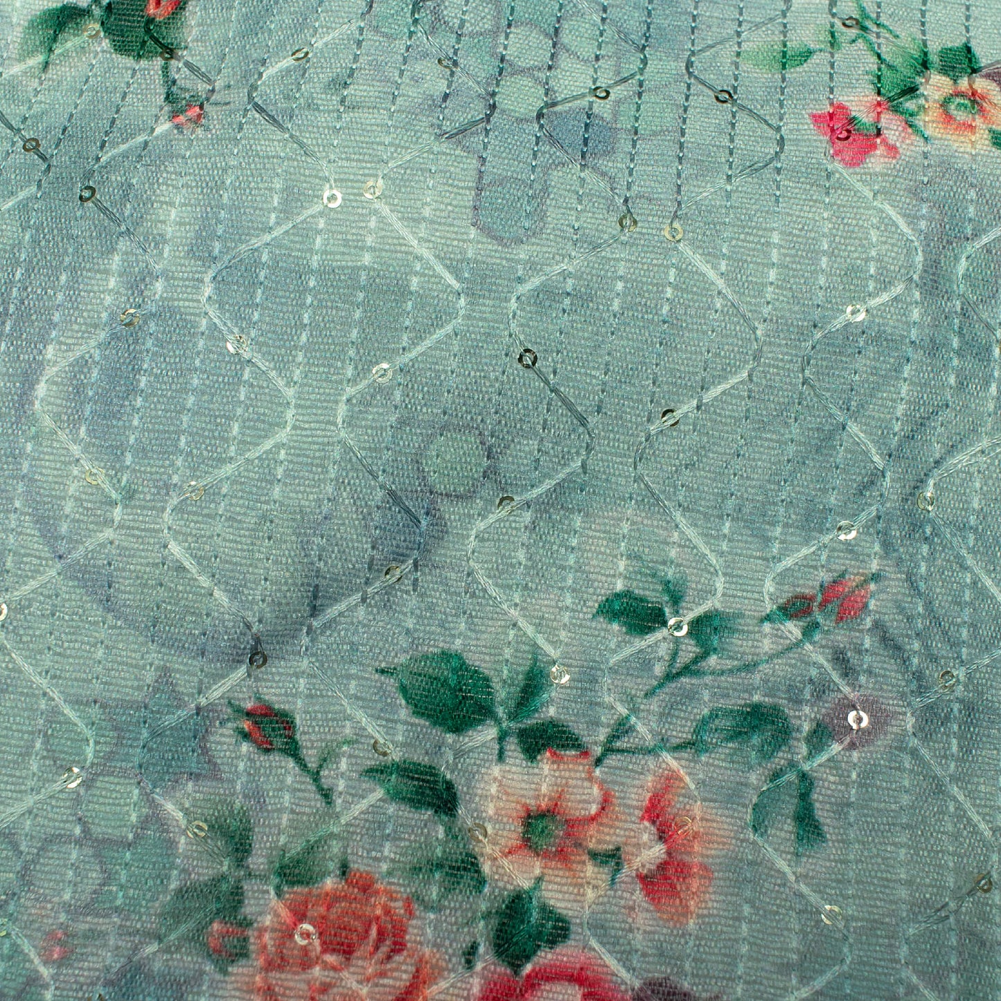 Mint Green And Cerise Pink Floral Pattern Digital Print Sequins Embroidery Banglori Art Silk Fabric