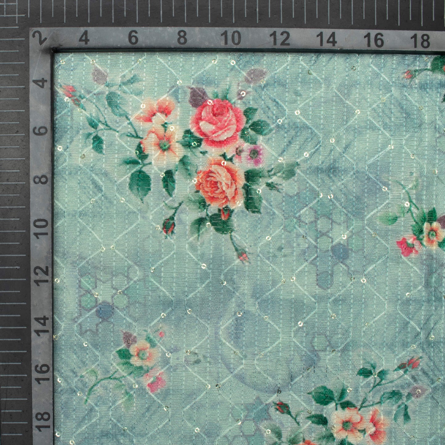 Mint Green And Cerise Pink Floral Pattern Digital Print Sequins Embroidery Banglori Art Silk Fabric