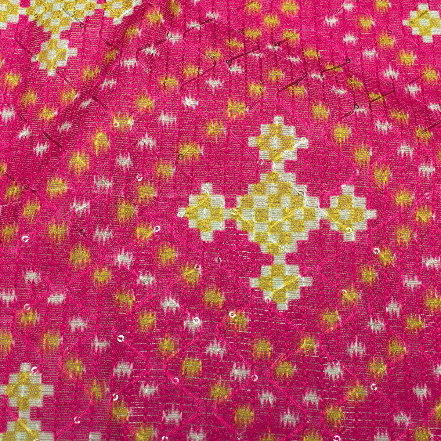Deep Pink And Moss Green Checks Pattern Digital Print Sequins Embroidery Banglori Art Silk Fabric