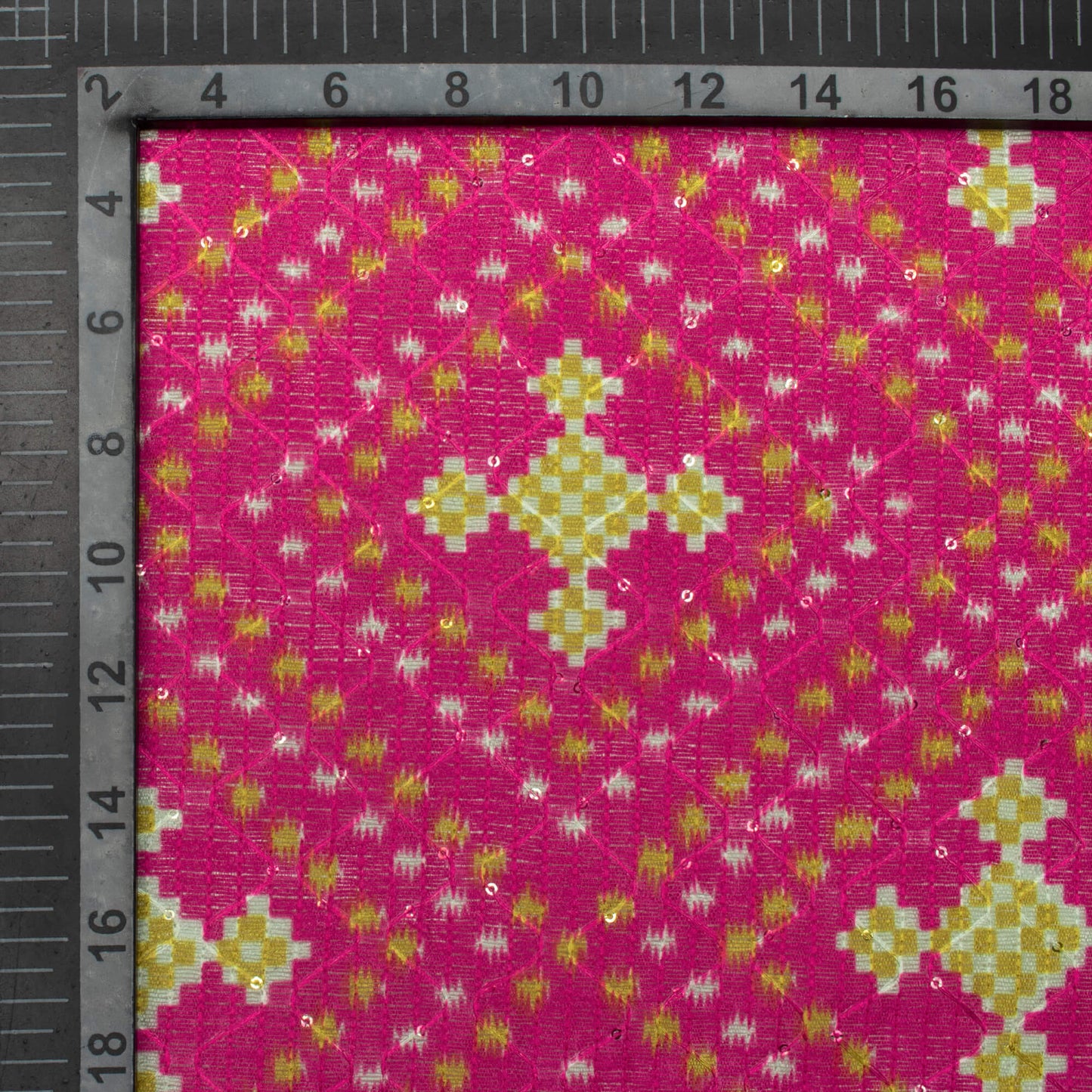 Deep Pink And Moss Green Checks Pattern Digital Print Sequins Embroidery Banglori Art Silk Fabric