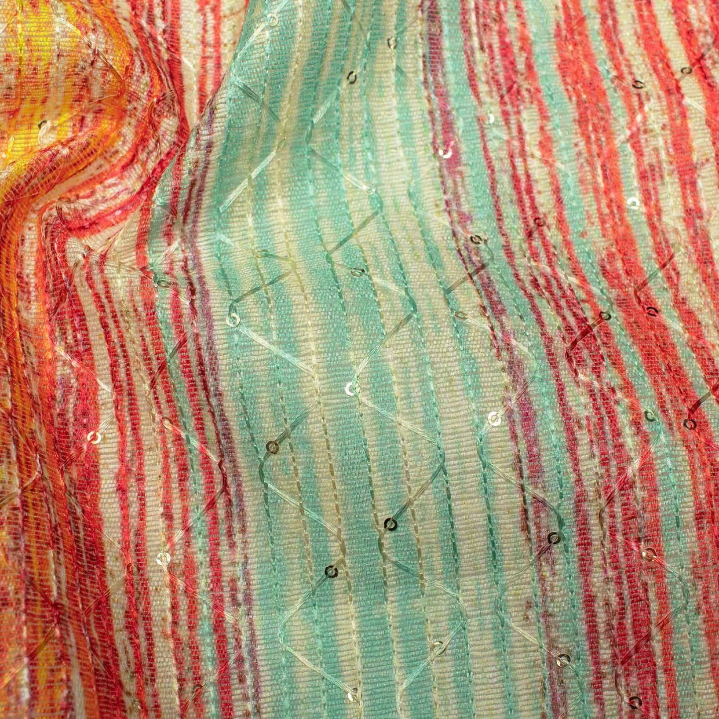 Canary Yellow And Cherry Red Stripes Pattern Digital Print Sequins Embroidery Banglori Art Silk Fabric
