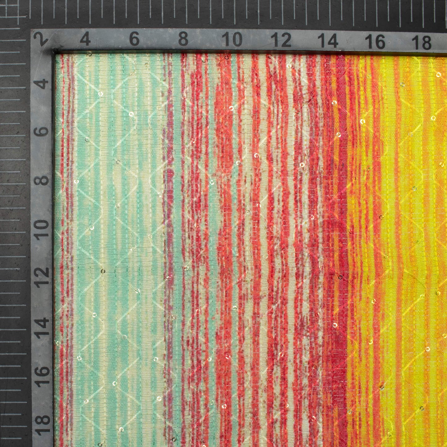Canary Yellow And Cherry Red Stripes Pattern Digital Print Sequins Embroidery Banglori Art Silk Fabric