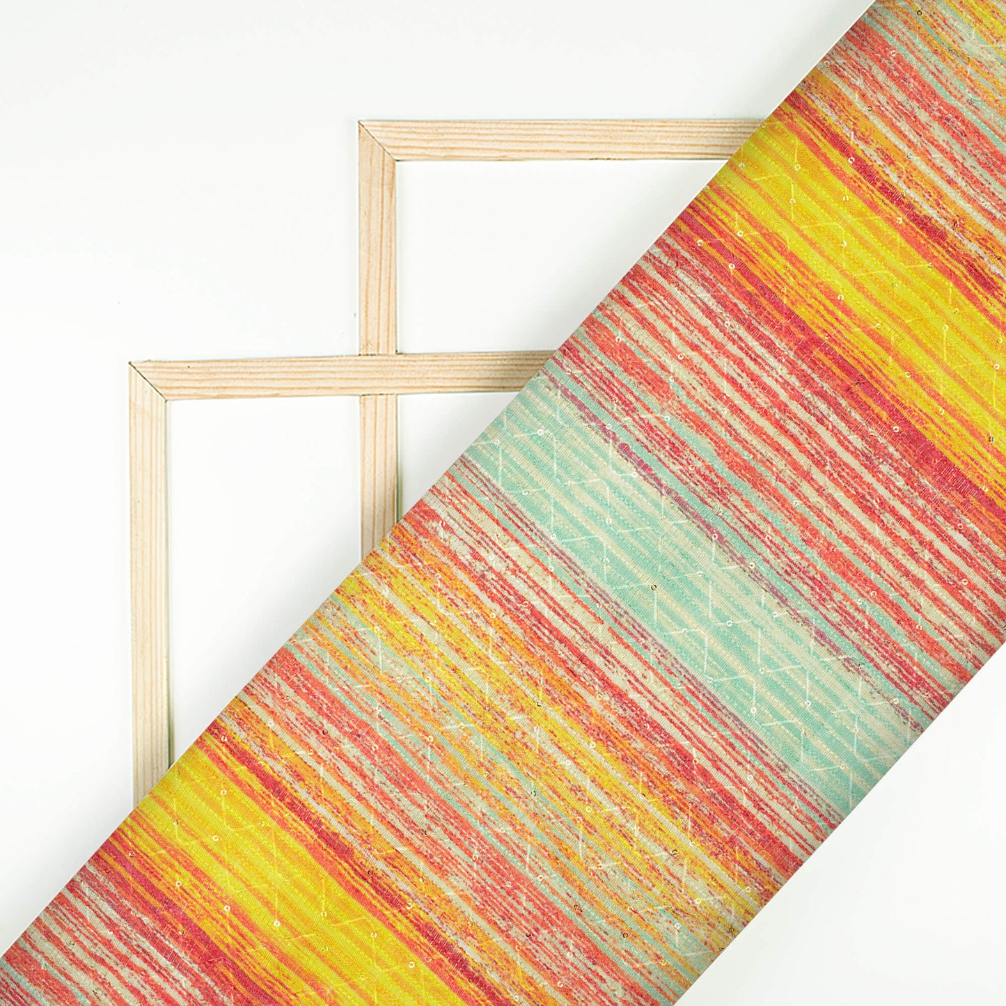 Canary Yellow And Cherry Red Stripes Pattern Digital Print Sequins Embroidery Banglori Art Silk Fabric