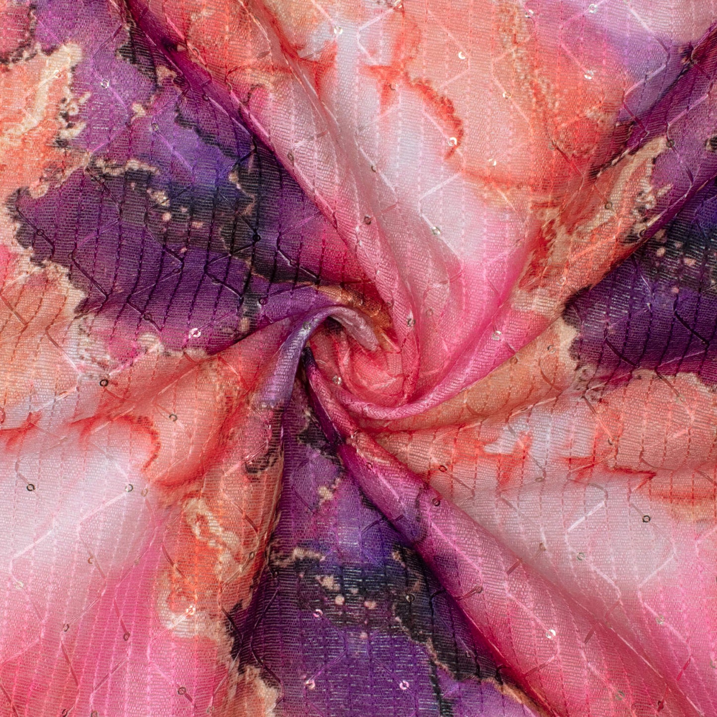 Rose Pink And Rasin Purple Marble Pattern Digital Print Sequins Embroidery Banglori Art Silk Fabric