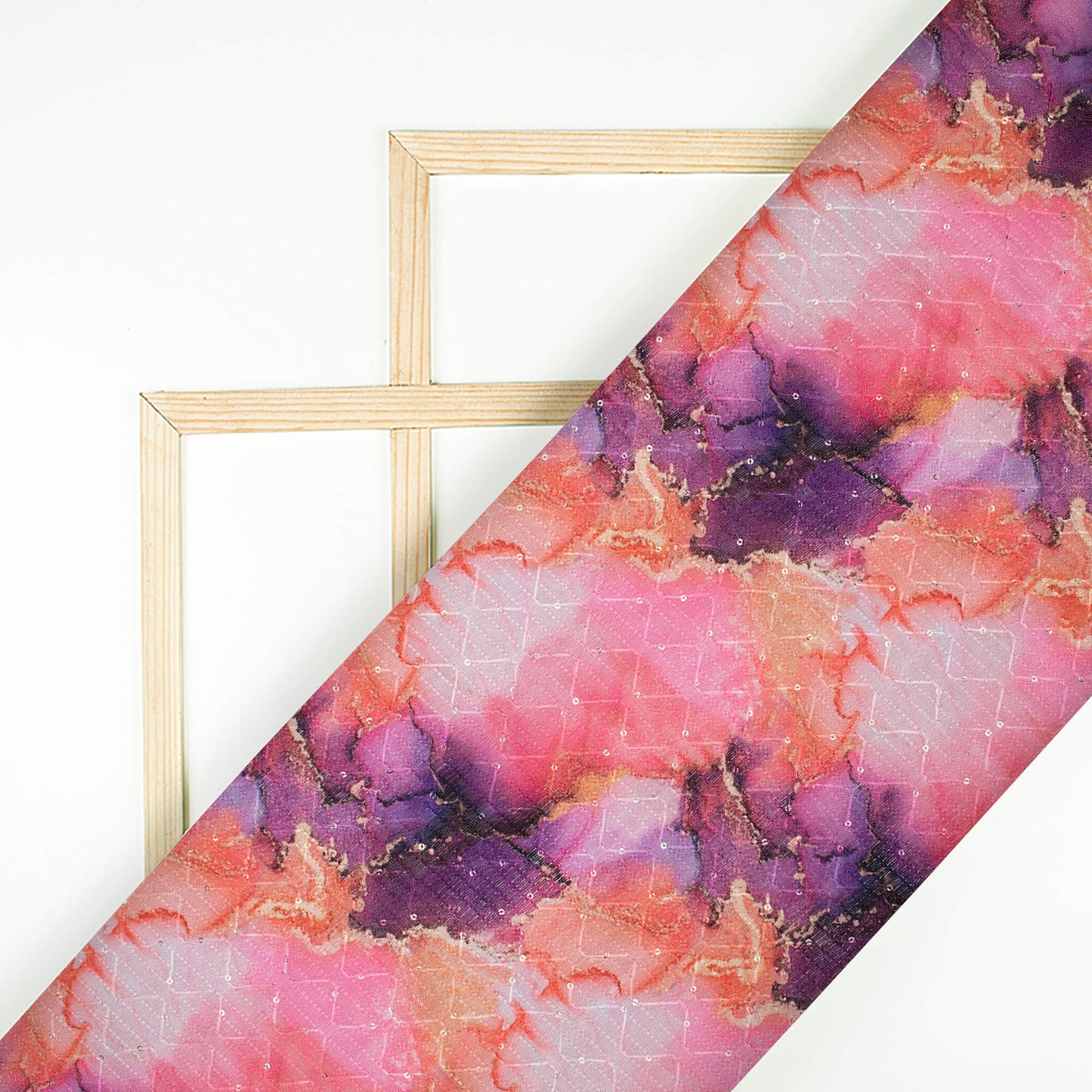 Rose Pink And Rasin Purple Marble Pattern Digital Print Sequins Embroidery Banglori Art Silk Fabric