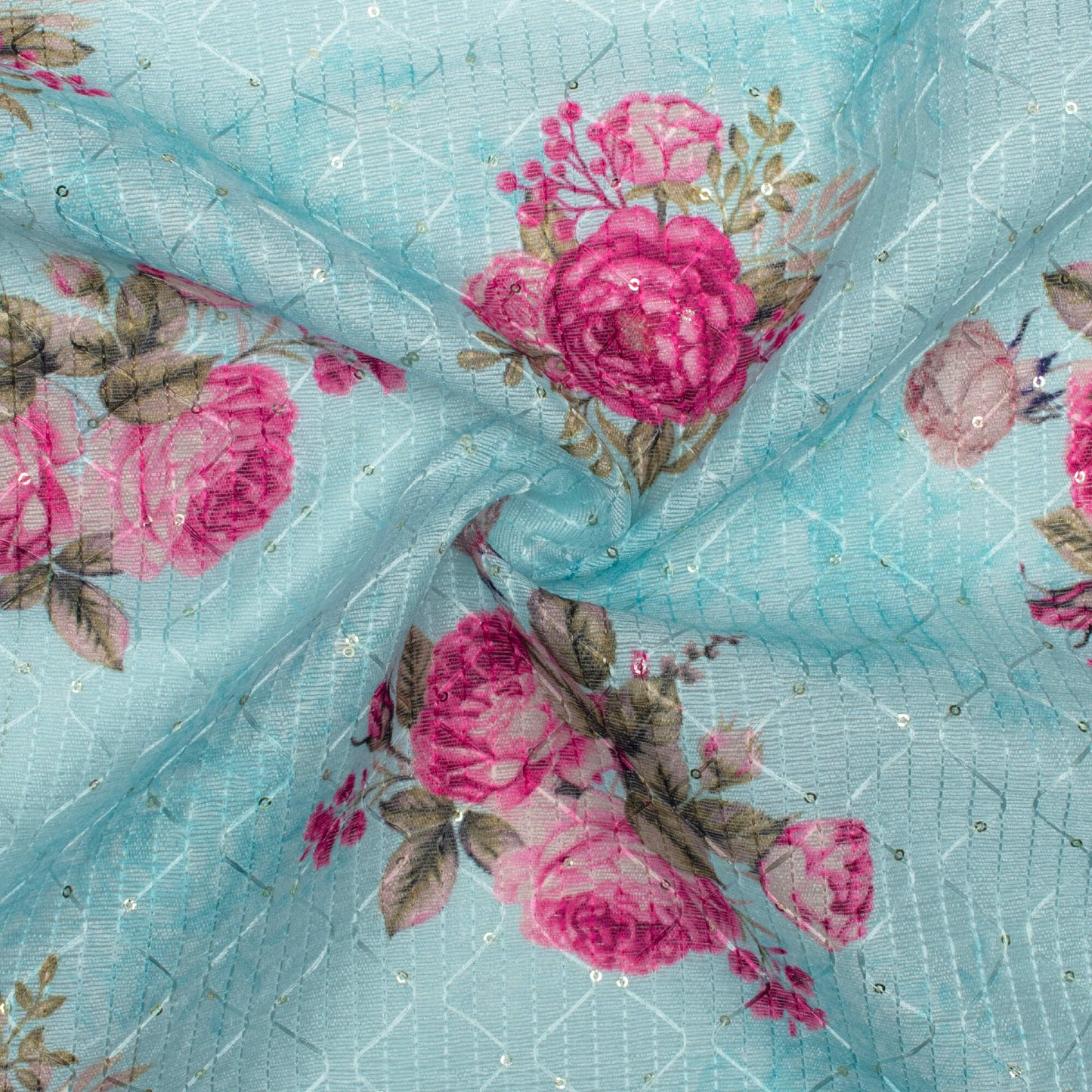 Sky Blue And Rose Pink Floral Pattern Digital Print Sequins Embroidery Banglori Art Silk Fabric