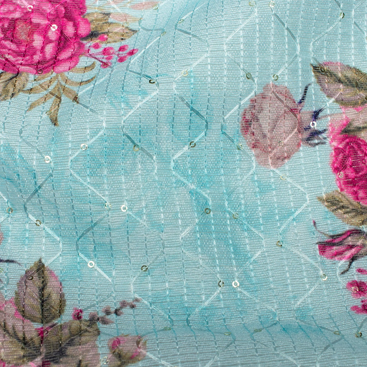 Sky Blue And Rose Pink Floral Pattern Digital Print Sequins Embroidery Banglori Art Silk Fabric