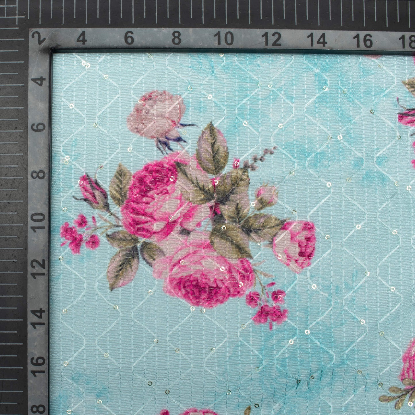 Sky Blue And Rose Pink Floral Pattern Digital Print Sequins Embroidery Banglori Art Silk Fabric
