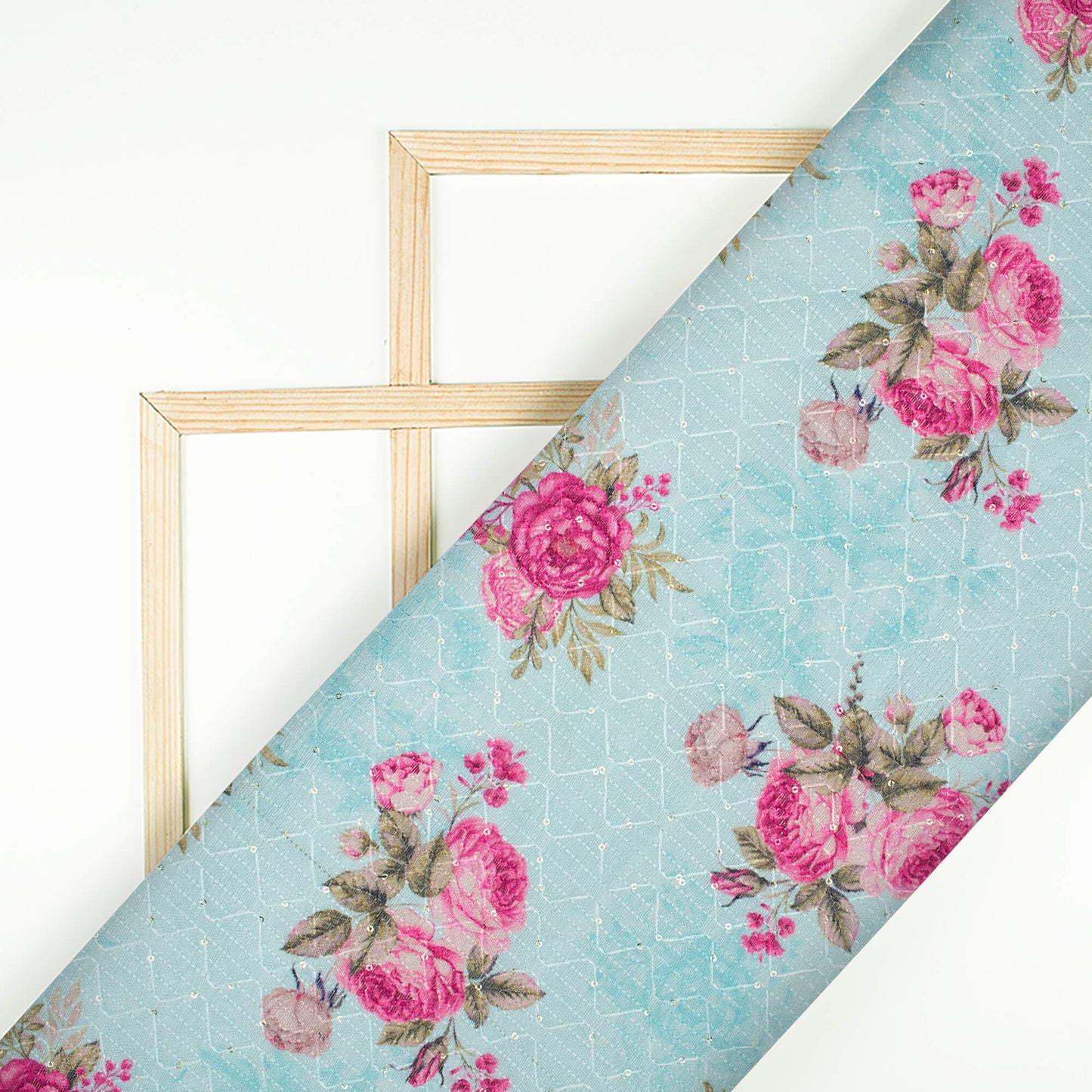 Sky Blue And Rose Pink Floral Pattern Digital Print Sequins Embroidery Banglori Art Silk Fabric