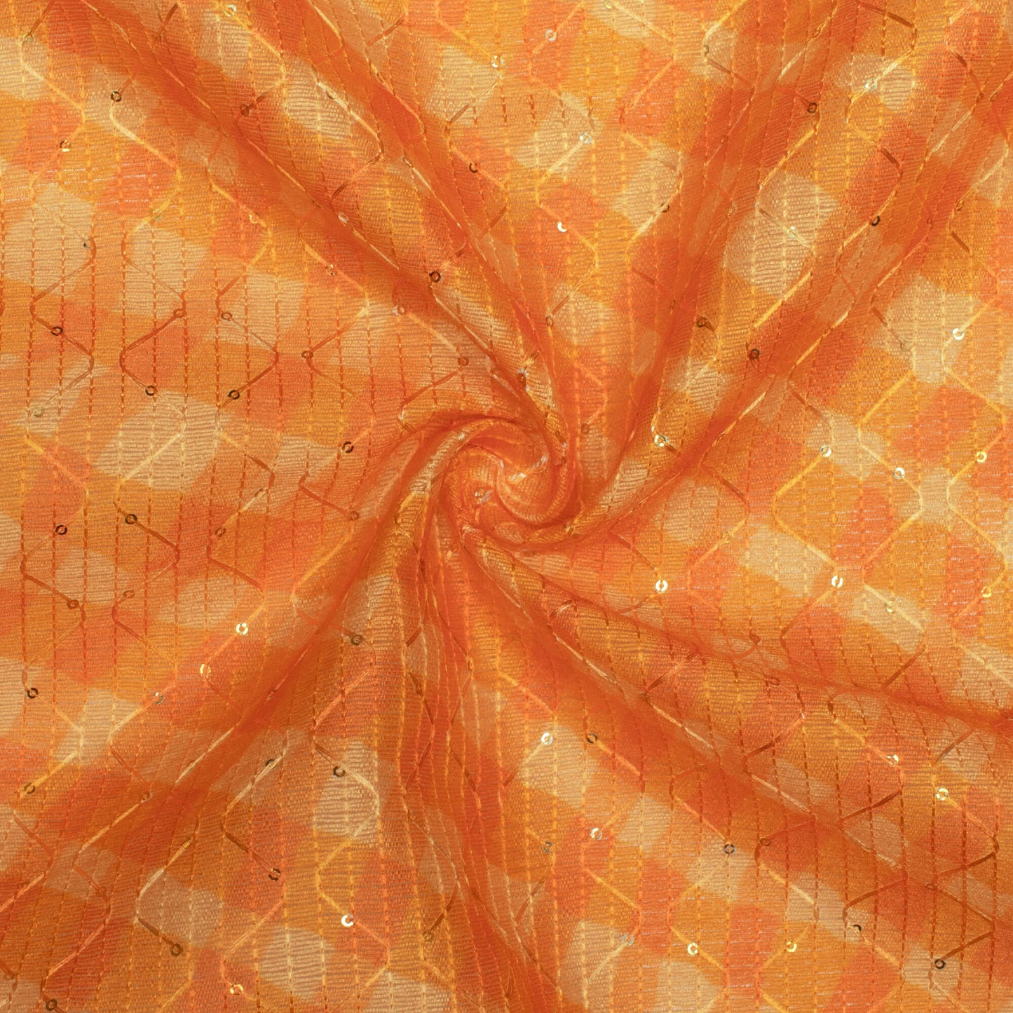 Carrot Orange And Mellow Yellow Checks Pattern Digital Print Sequins Embroidery Banglori Art Silk Fabric