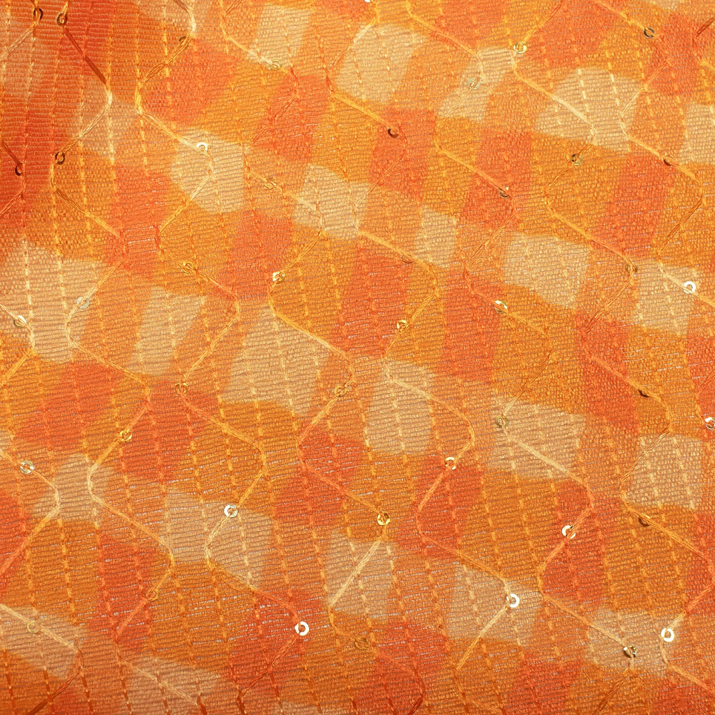 Carrot Orange And Mellow Yellow Checks Pattern Digital Print Sequins Embroidery Banglori Art Silk Fabric